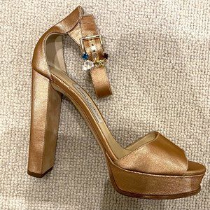 HARDLY WORN JIMMY CHOO, ROSE GOLD BLOCK PLATFORM SANDAL, SIZE 39